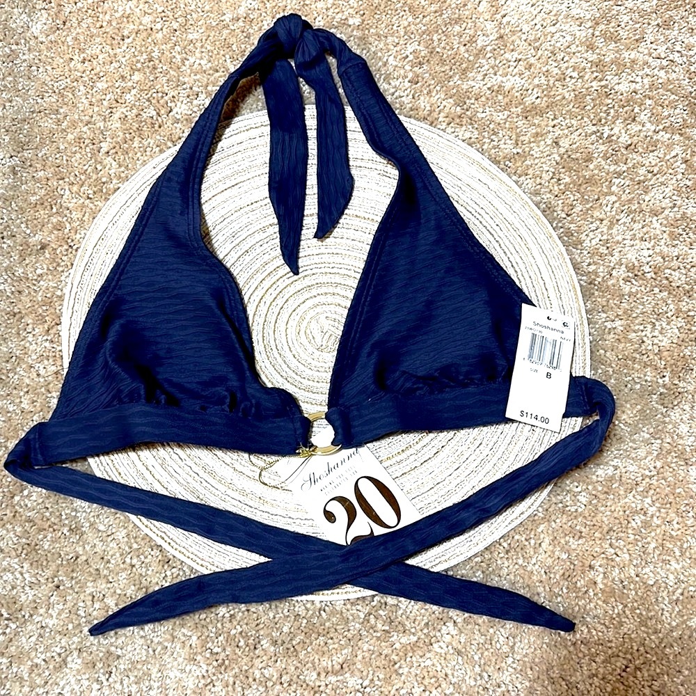 NWT SHOSHANNA Navy B CUP luxe luxury designer halter swim top gold hoop